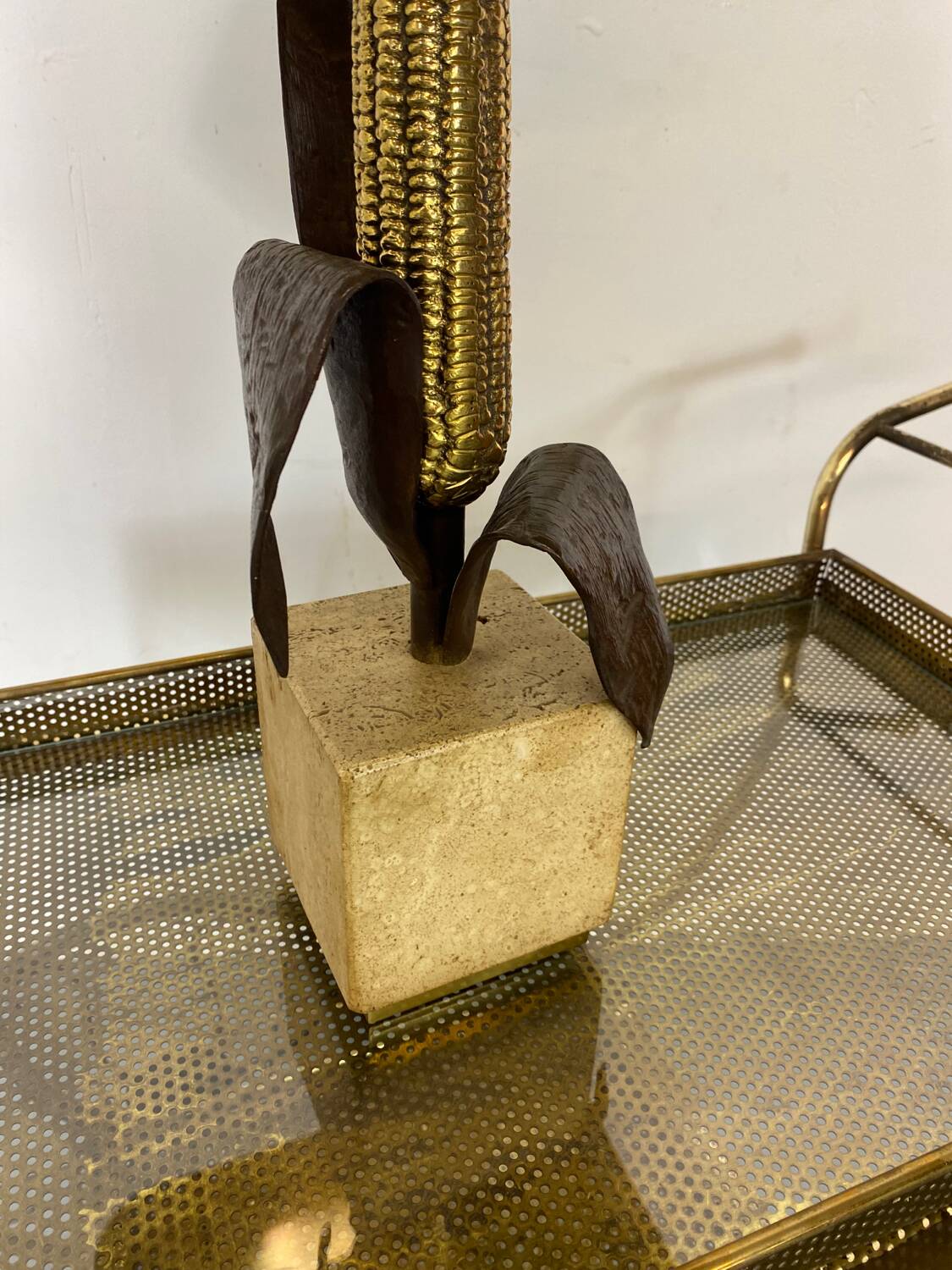 Vintage Bronze, Brass and Travertin Table Lamps in the manner of Maison Charles, 1970s, Set of 2