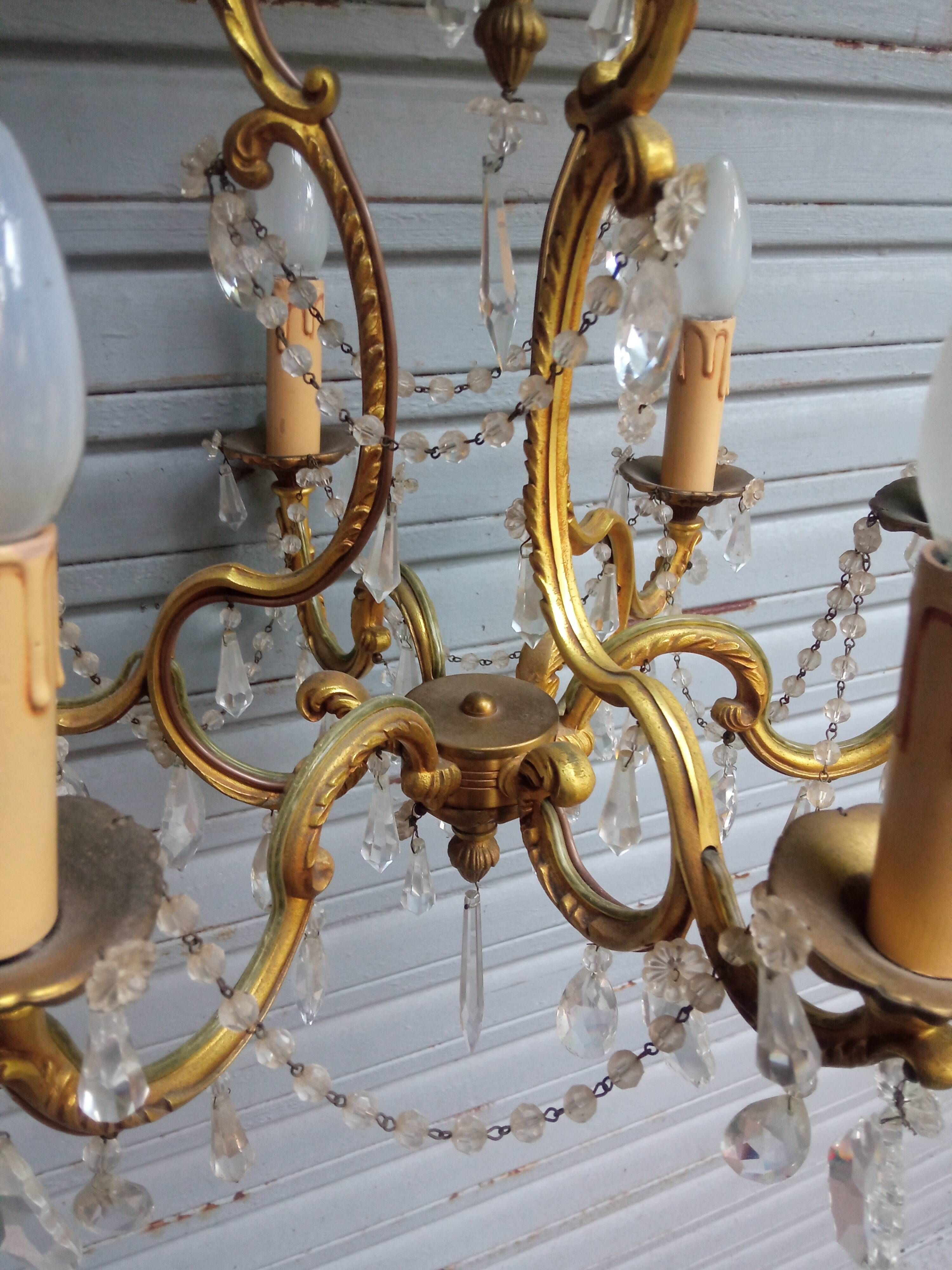 Antique cage chandelier in gilded bronze and crystal, 6 lights / working condition l gau