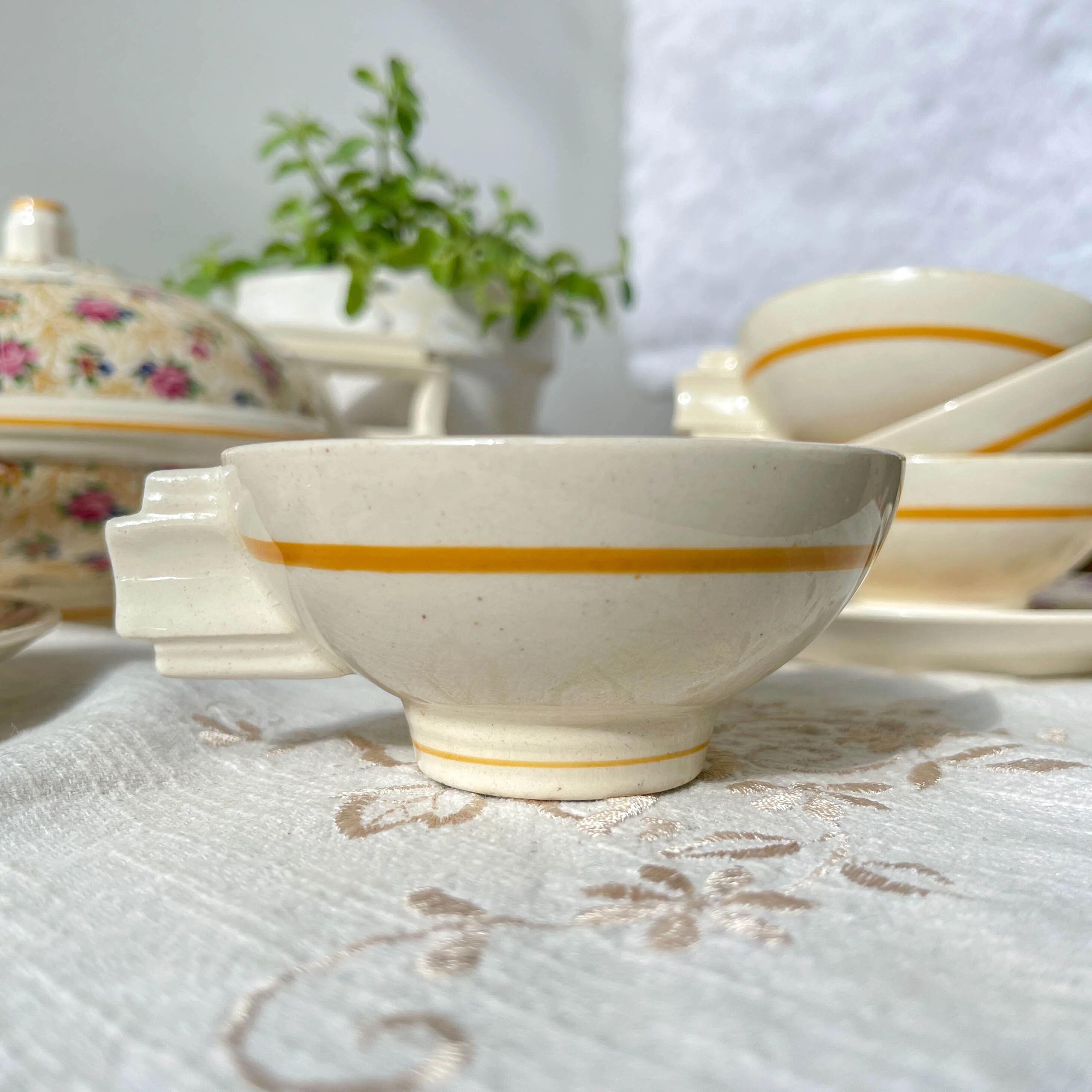 Robj Paris Coffee Tea Set with Floral Yellow Porcelain Core - Vintage Art Deco Style
