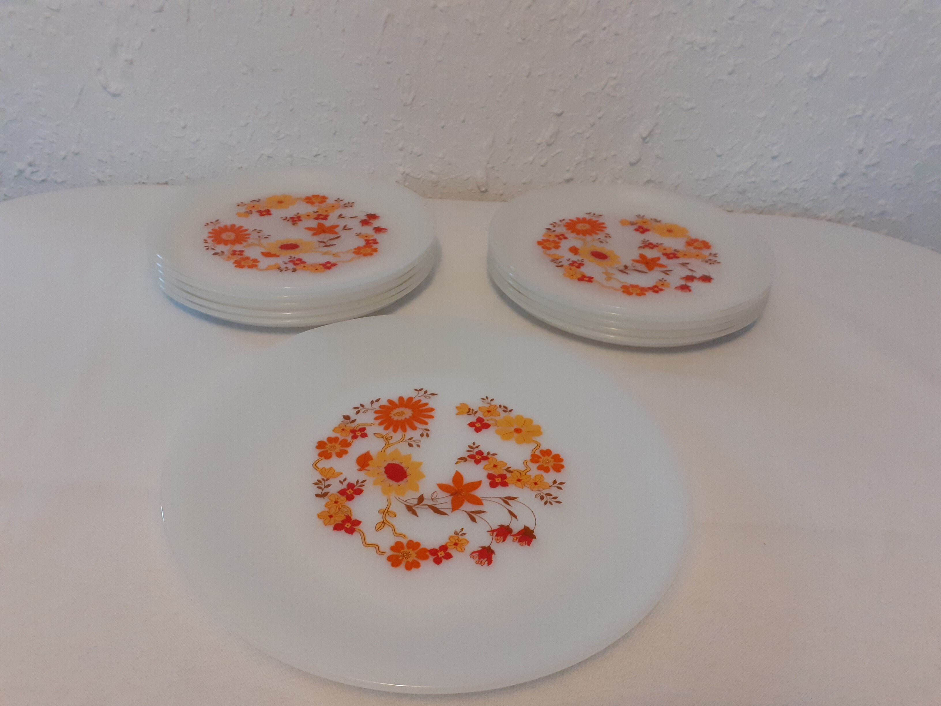 Service of 10 flat plates & 1 dish model flora Arcopal vintage orange flowers