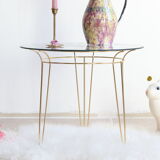 Triple tripod table in golden brass and screen-printed glass