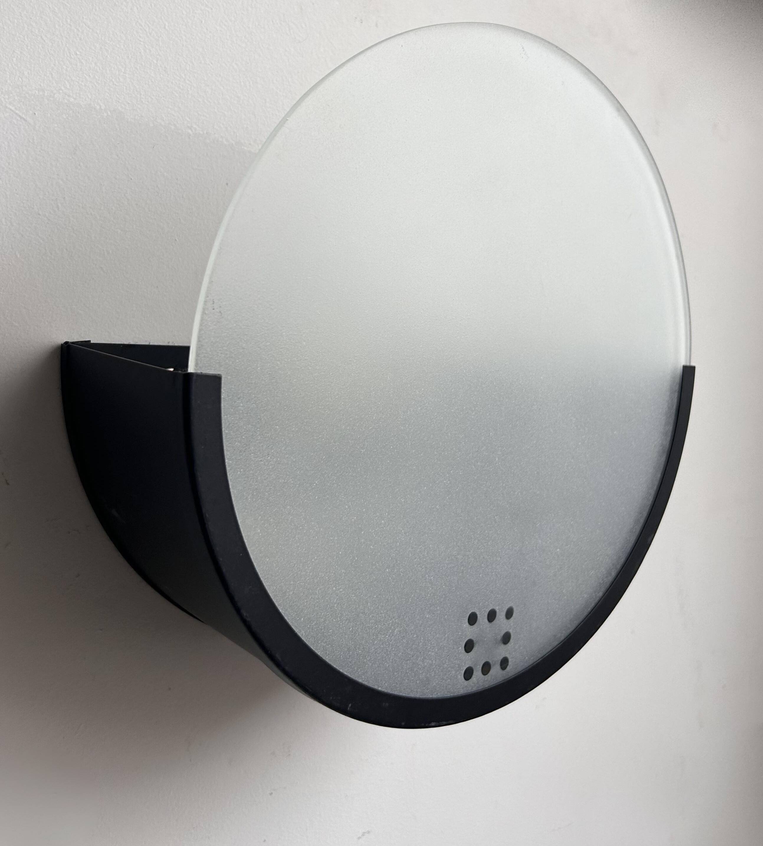 Pair of vintage geometric wall lights, black metal and sandblasted glass, Delmas France 1970