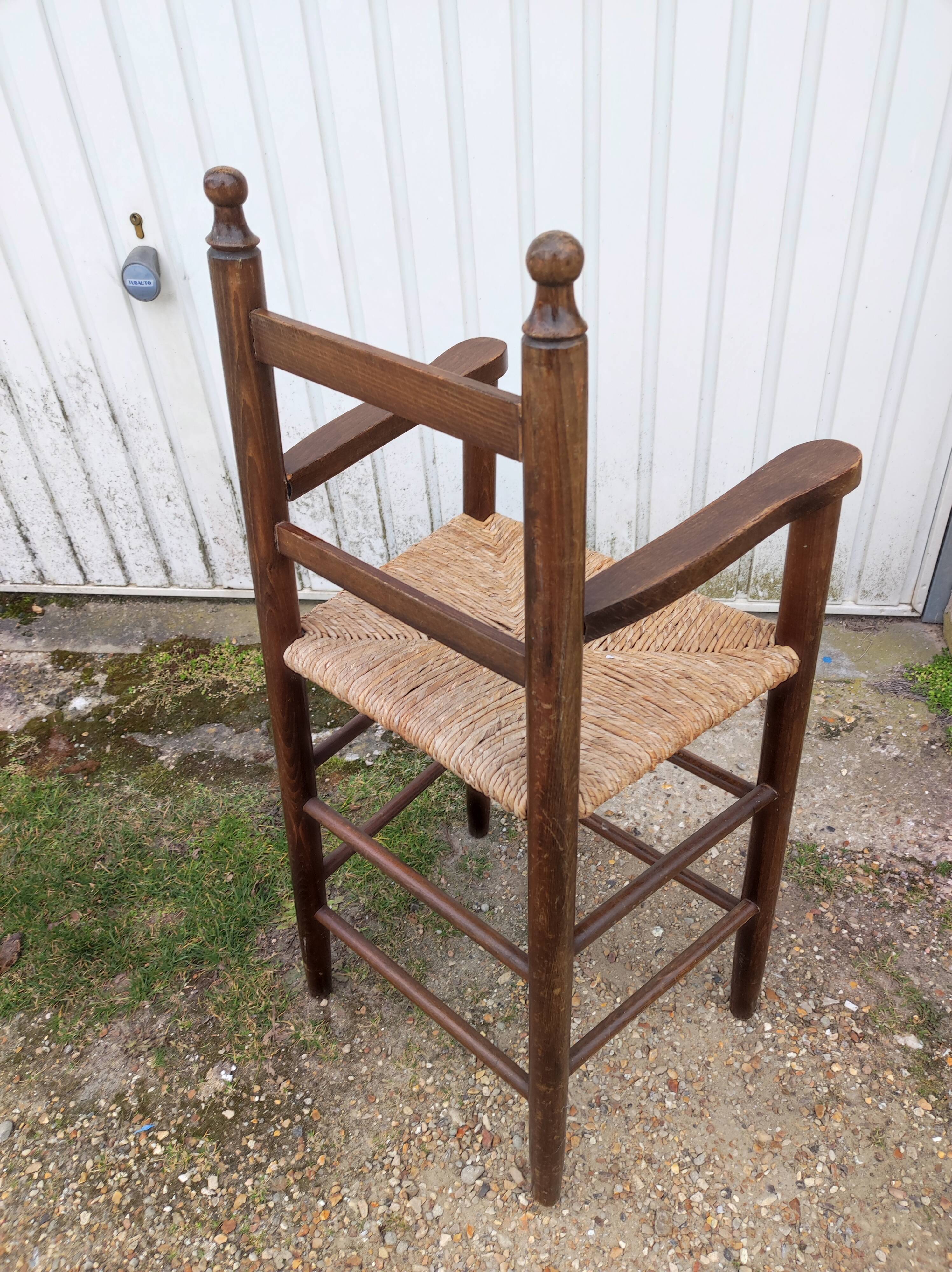 Chair armchair high child wood seat straw vintage