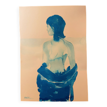 Signed monochrome blue painting of a female portrait "Weekend in Capri" Italy