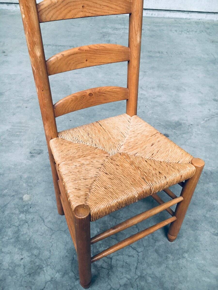 Rustic Oak and Rush High Ladder Back Dining Chairs, Belgium, 1950s, Set of 6