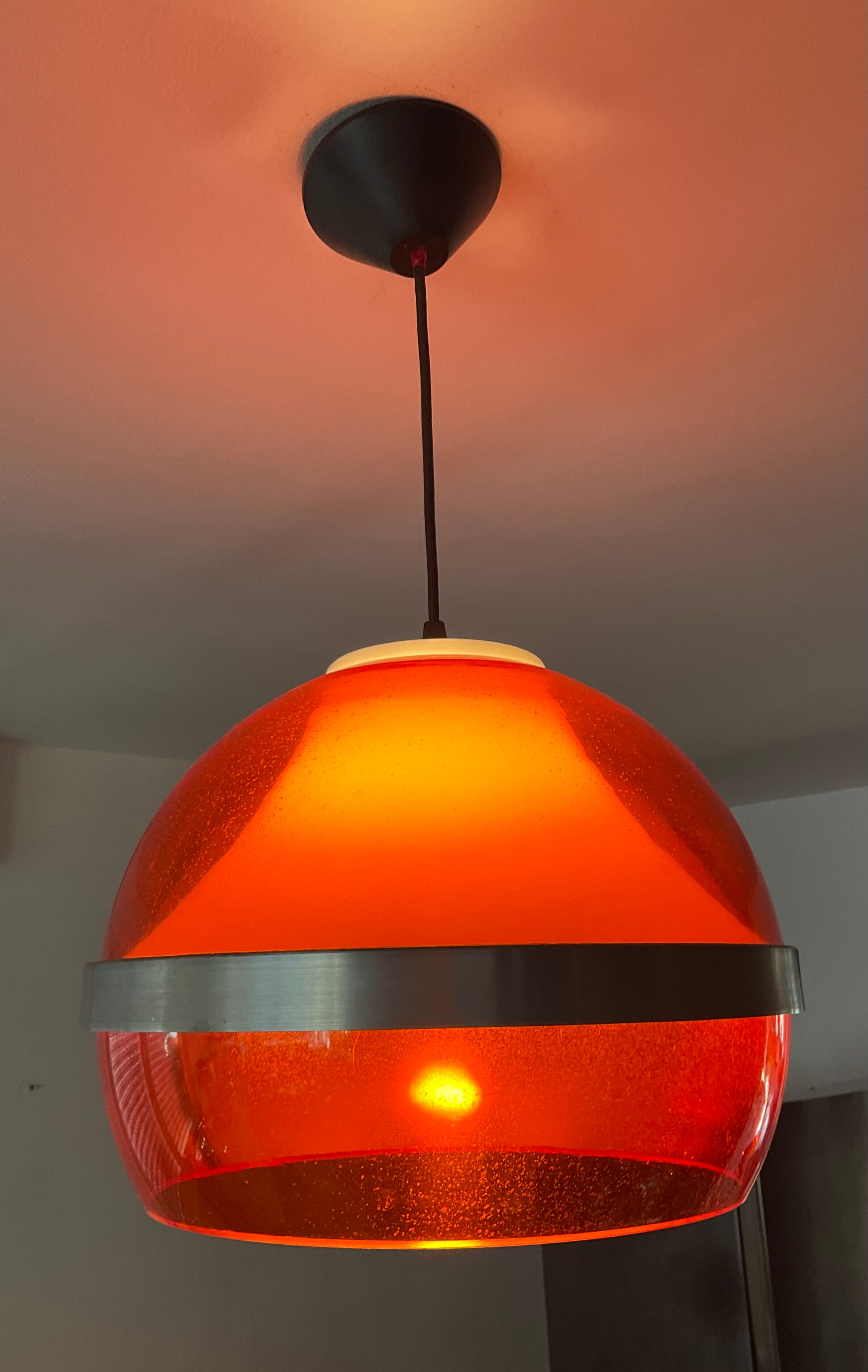 Space age pendant lamp in orange plexiglass and chromed metal