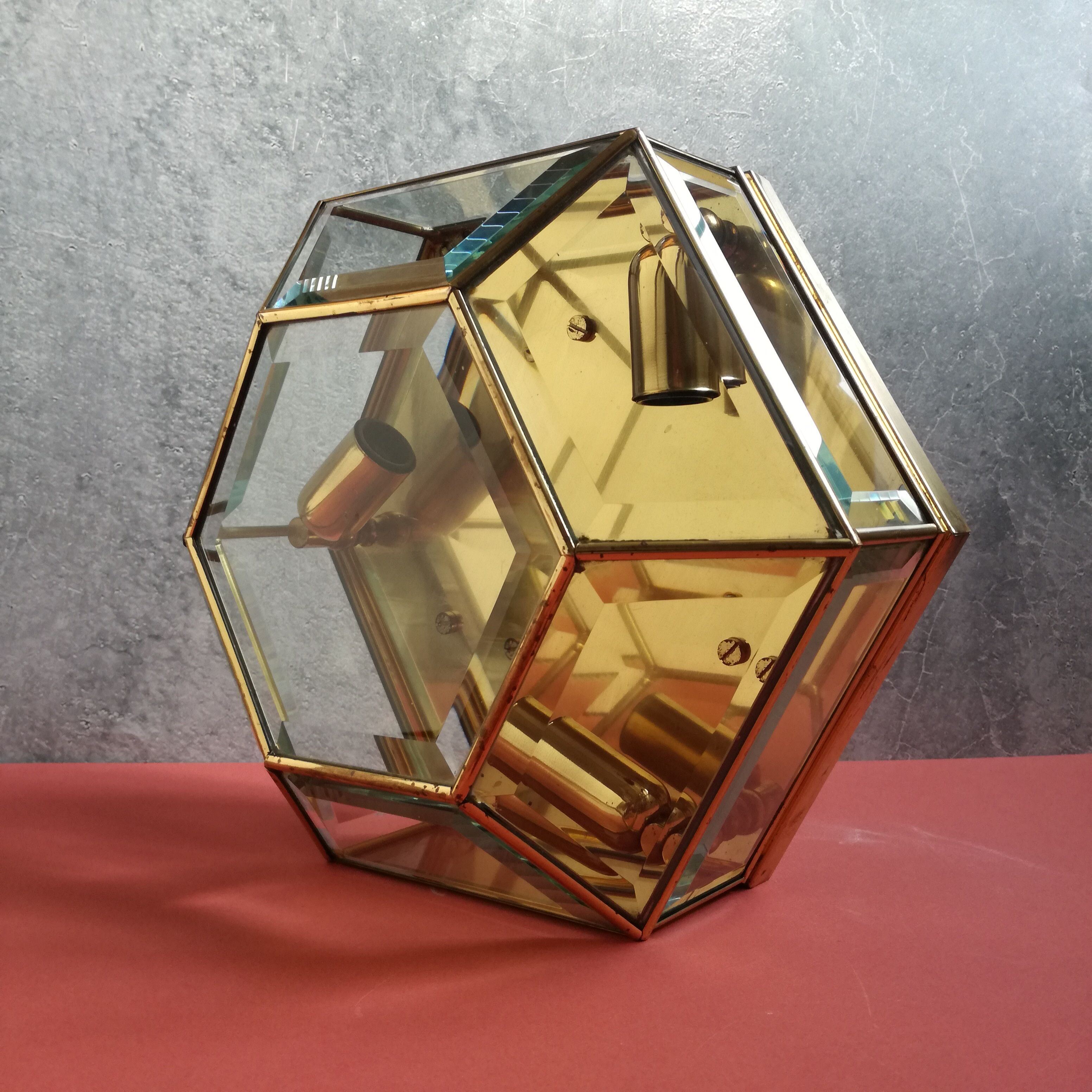 Hexagonal brass and bevelled glass ceiling light