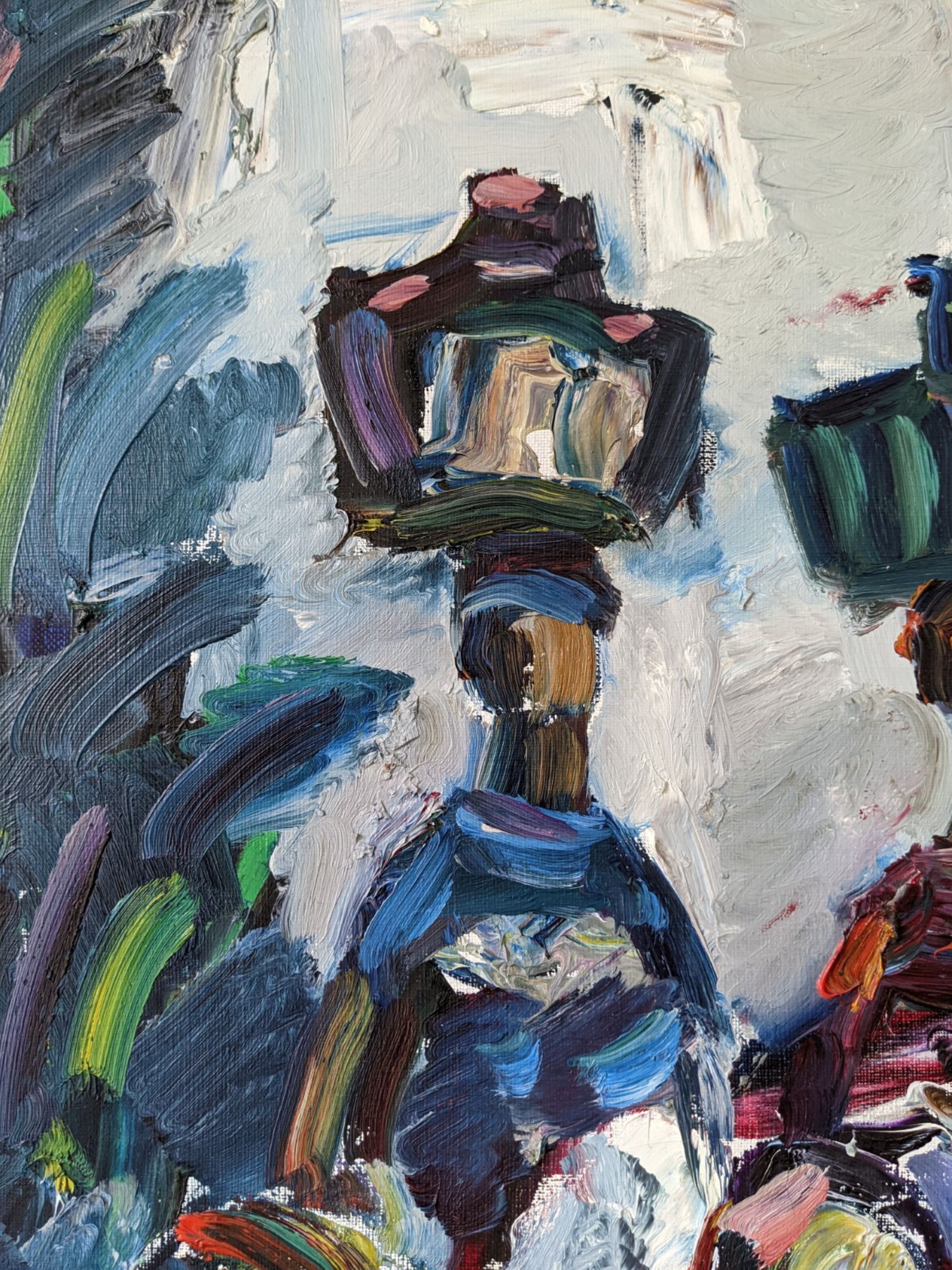 Peinture à l’huile figurative vintage suédoise « Moroccan Ladies » suédoise du milieu du siècle, encadrée