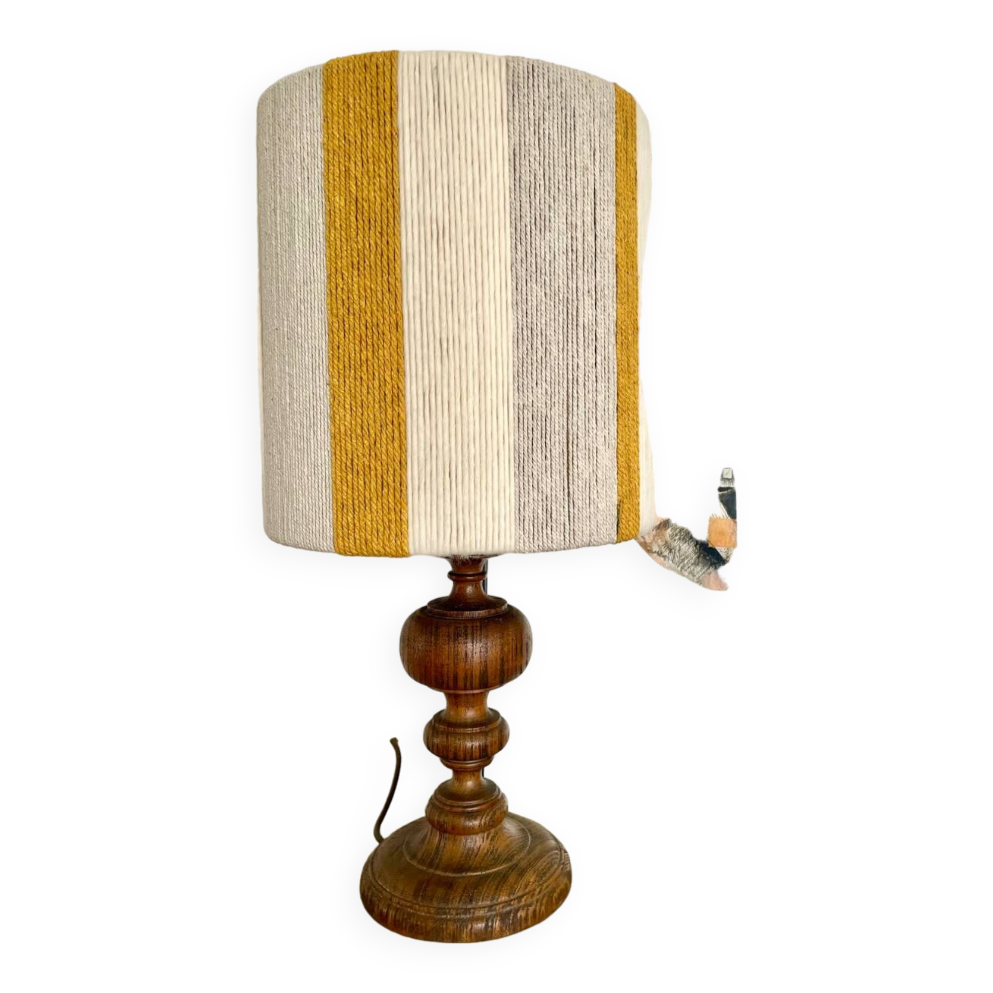 Large vintage lamp with turned wooden base, wool and rope striped lampshade