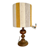 Large vintage lamp with turned wooden base, wool and rope striped lampshade
