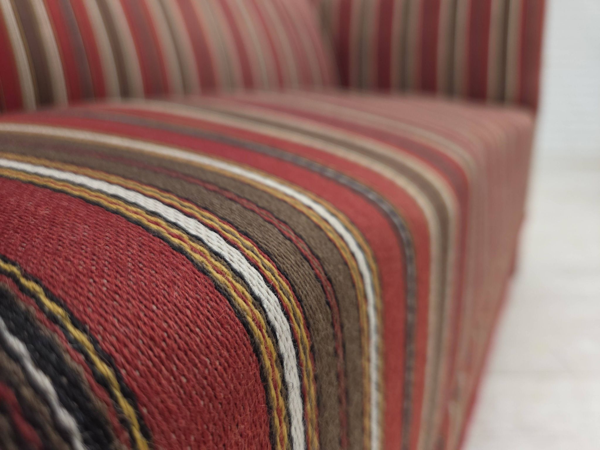 1960s, Danish 2-seater sofa, striped red/multicolor furniture wool.