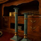 Exceptional pair of large candlesticks in patinated greenish-blue brass.