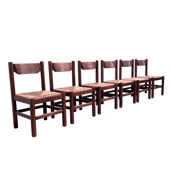 Oak and wicker dining chairs, 1960s