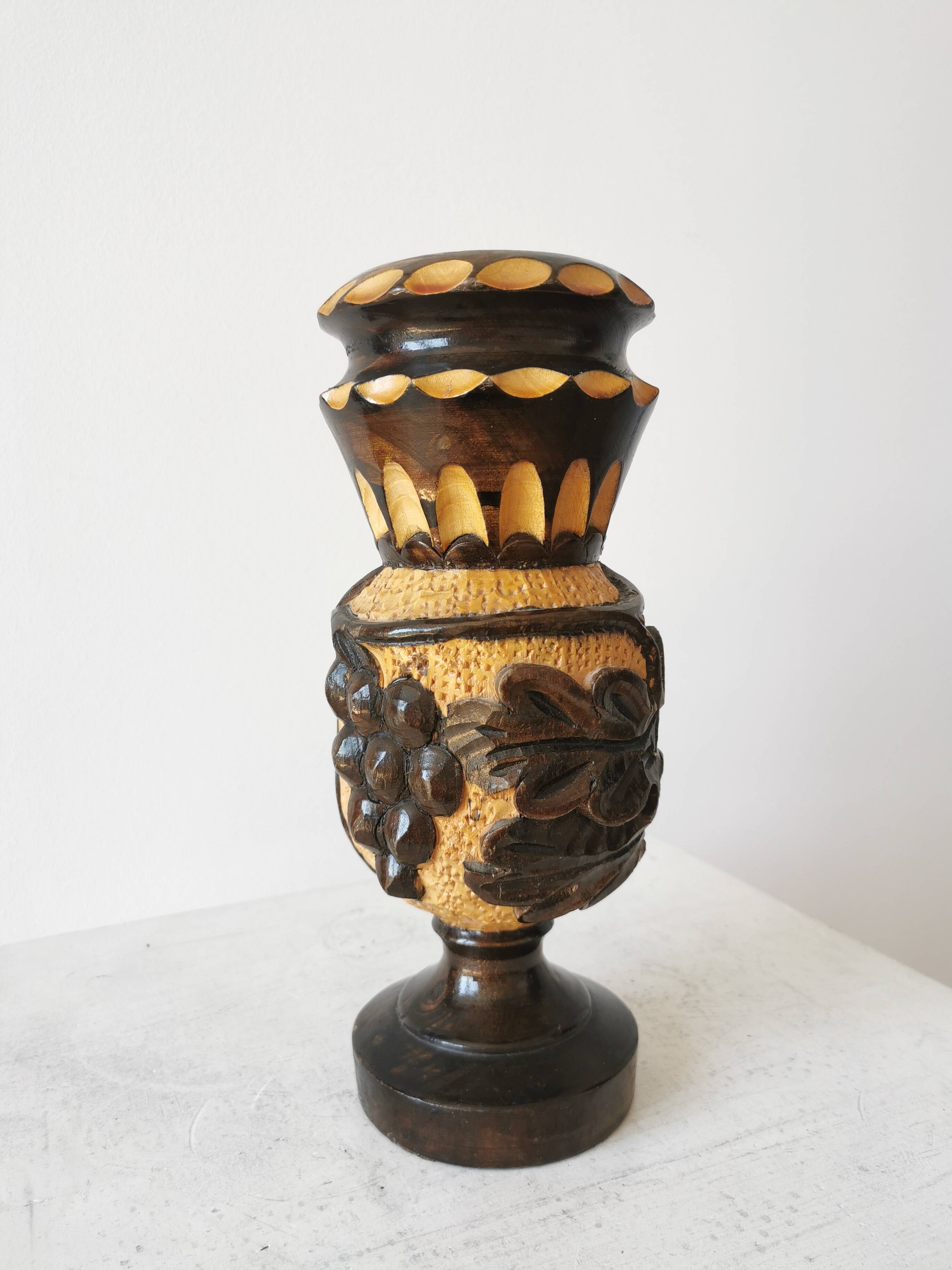 Vintage Hand Carved Wooden Vase: Grapevine Motif, 1970s Yugoslavia