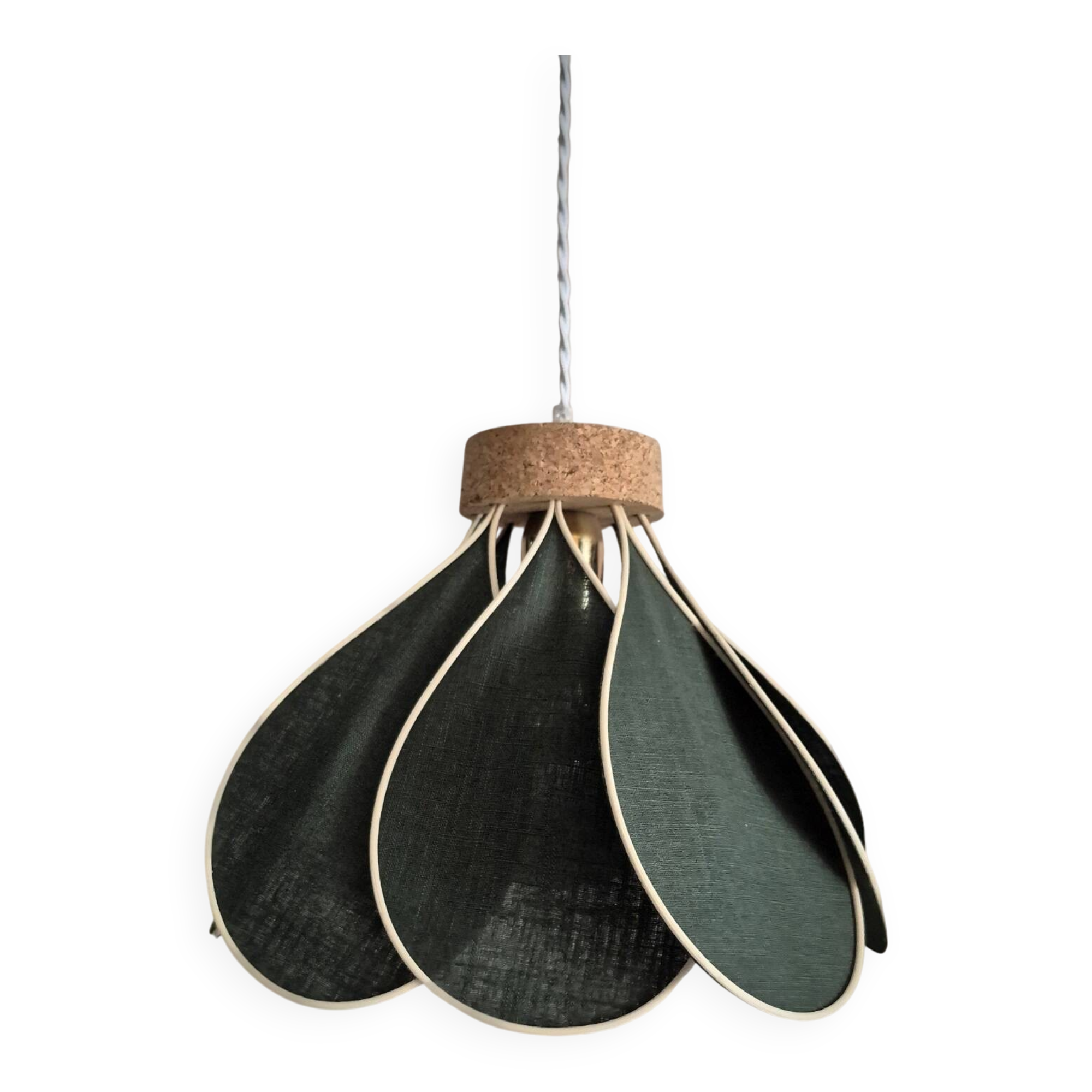 Flower suspension, Nymphéa model, 8 petals in rattan and fir green linen