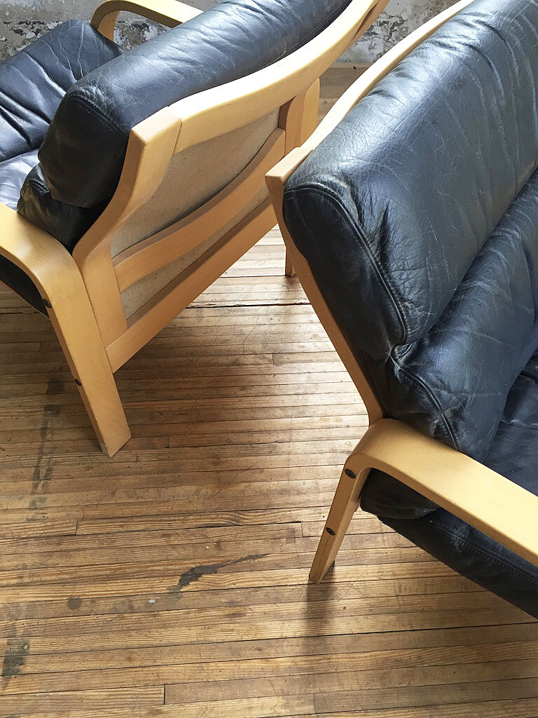 Danish sofa and armchairs curved wood and leather