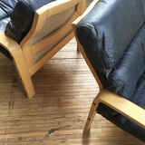 Danish sofa and armchairs curved wood and leather