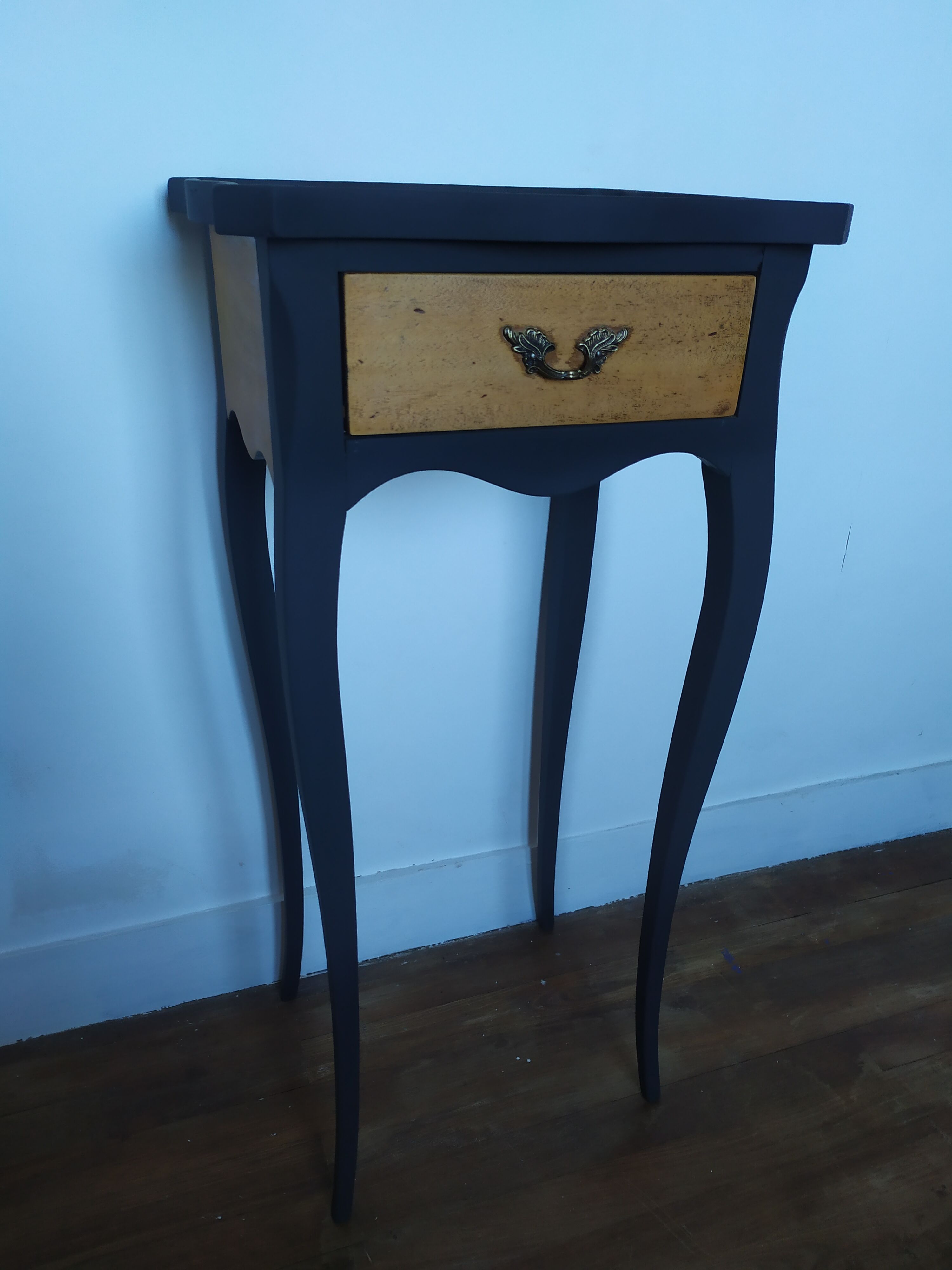 Old bedside painted in matte black and oiled wood