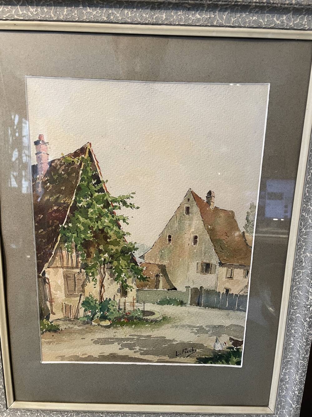 WATERCOLOR ALSACIAN FARMYARD LUCIEN FUCHS