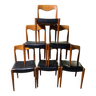 Ensemble de 6 chaises vintage scandinaves en teck et simili cuir noir