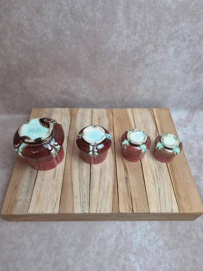 Antique majolica barbotine set – tray and 4 small pots – Art Nouveau