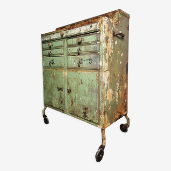 Industrial chest of drawers dental cabinet green on wheels