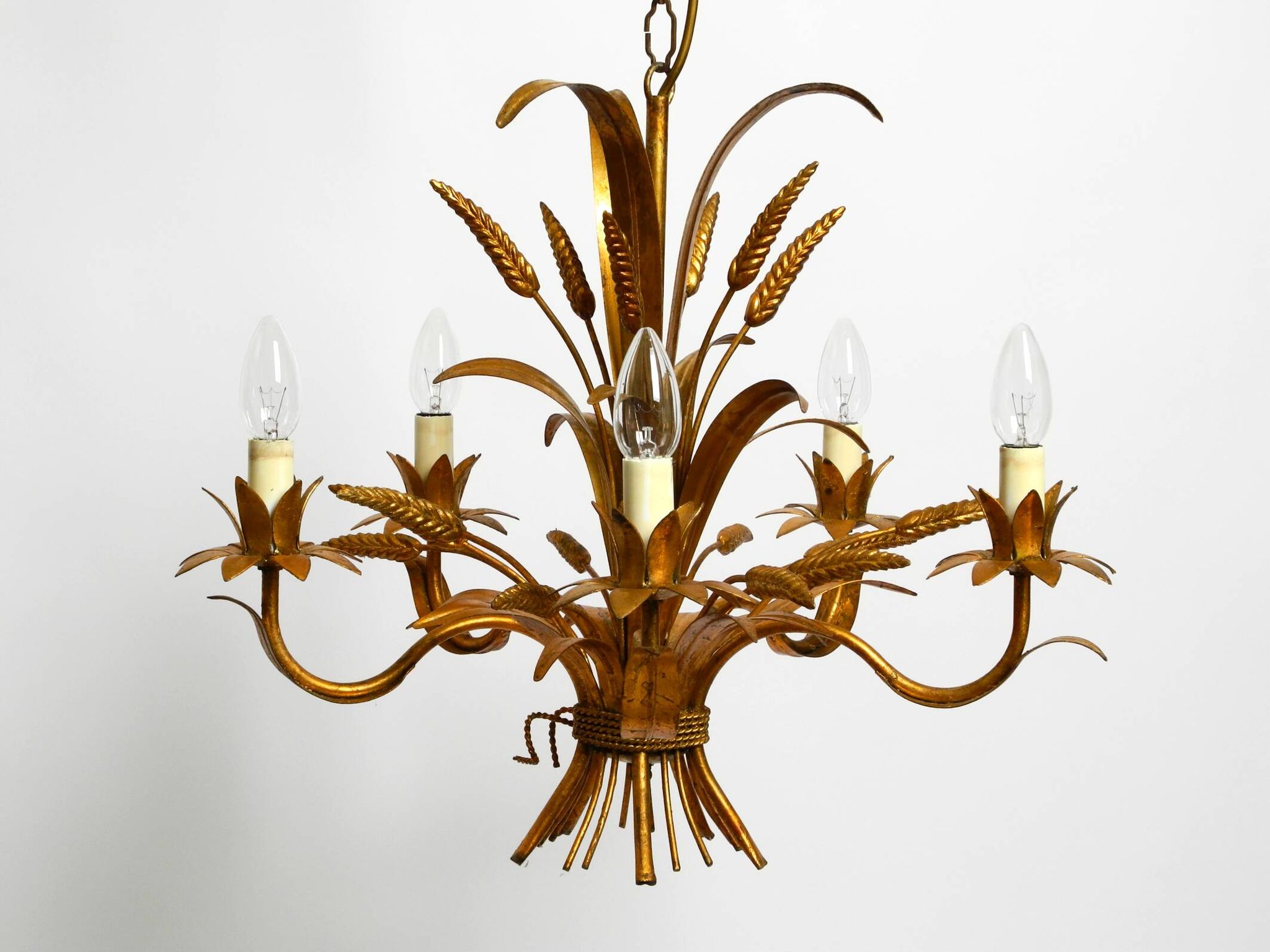 Beautiful 1970s gold-plated 5-arm tall metal chandelier by Hans Kögl