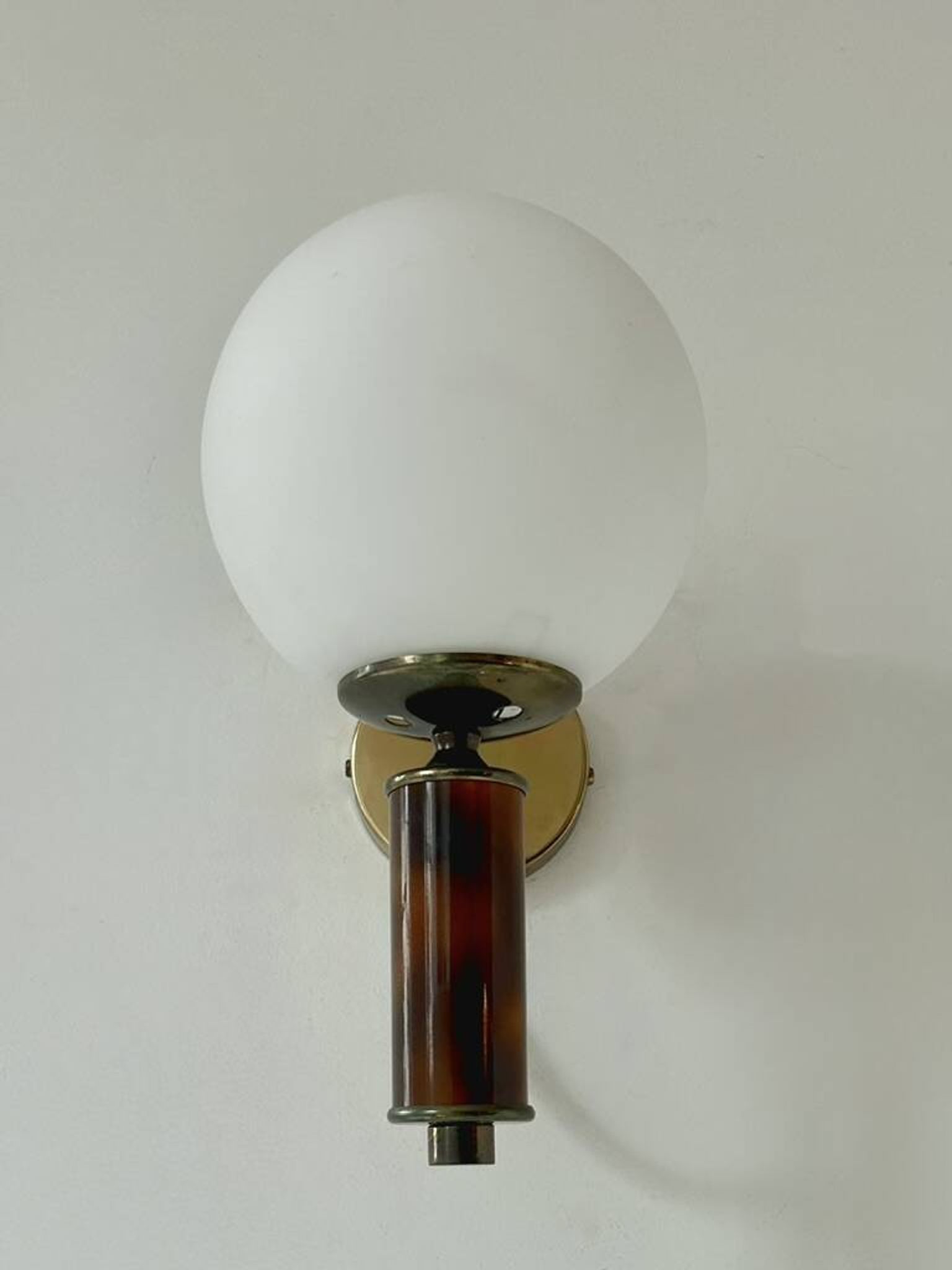 Vintage wooden, brass, and opaline wall light, France, 1970.