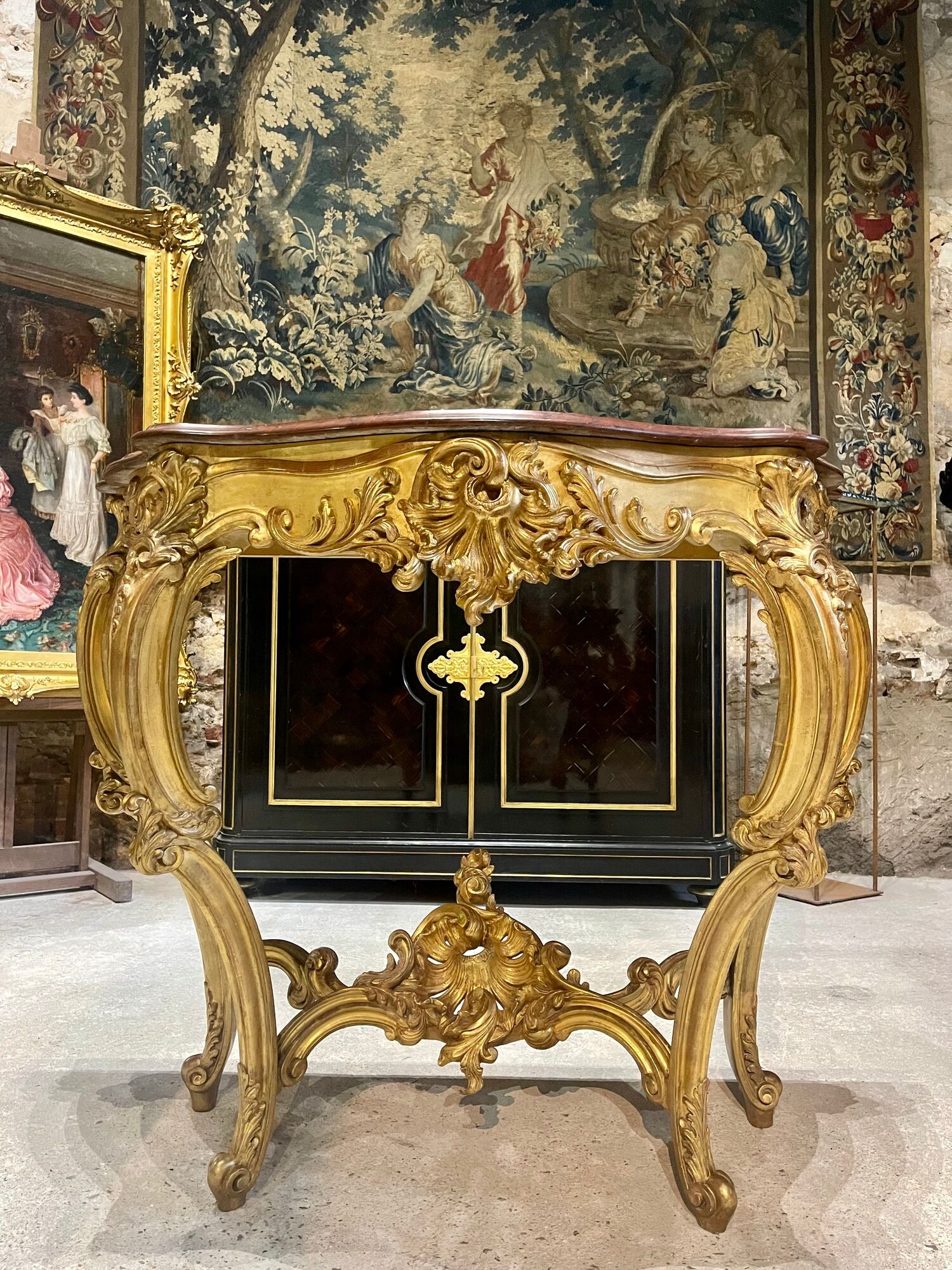 Console 4 legs Louis XV style Gilded wood period Napoleon III Griotte marble top