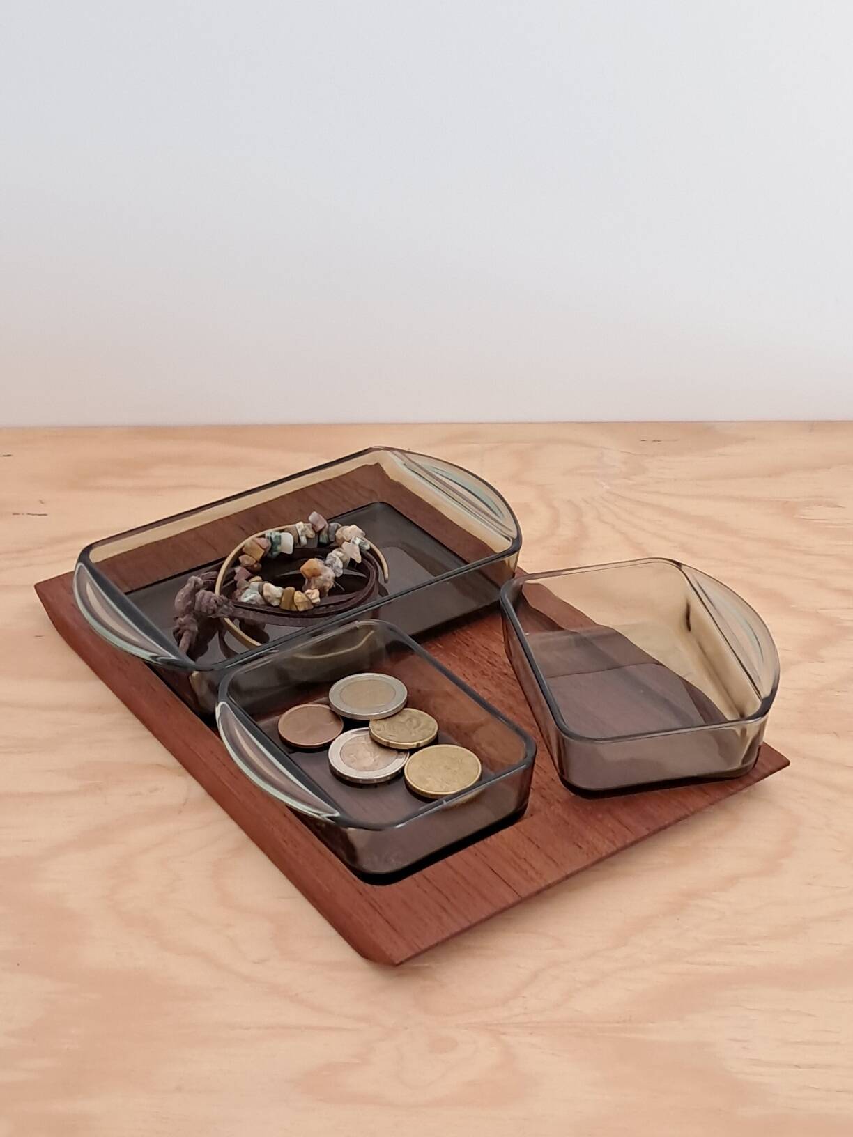 Service apéritif en teck et verre fumé – design scandinave années 60