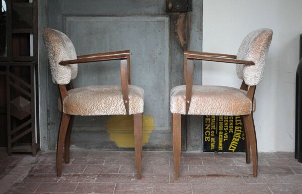 Paire de bridge bois et tissu rose poudré effet satiné, Art-déco