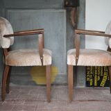 Pair of bridge chairs in wood and powder pink satin-effect fabric, Art Deco style