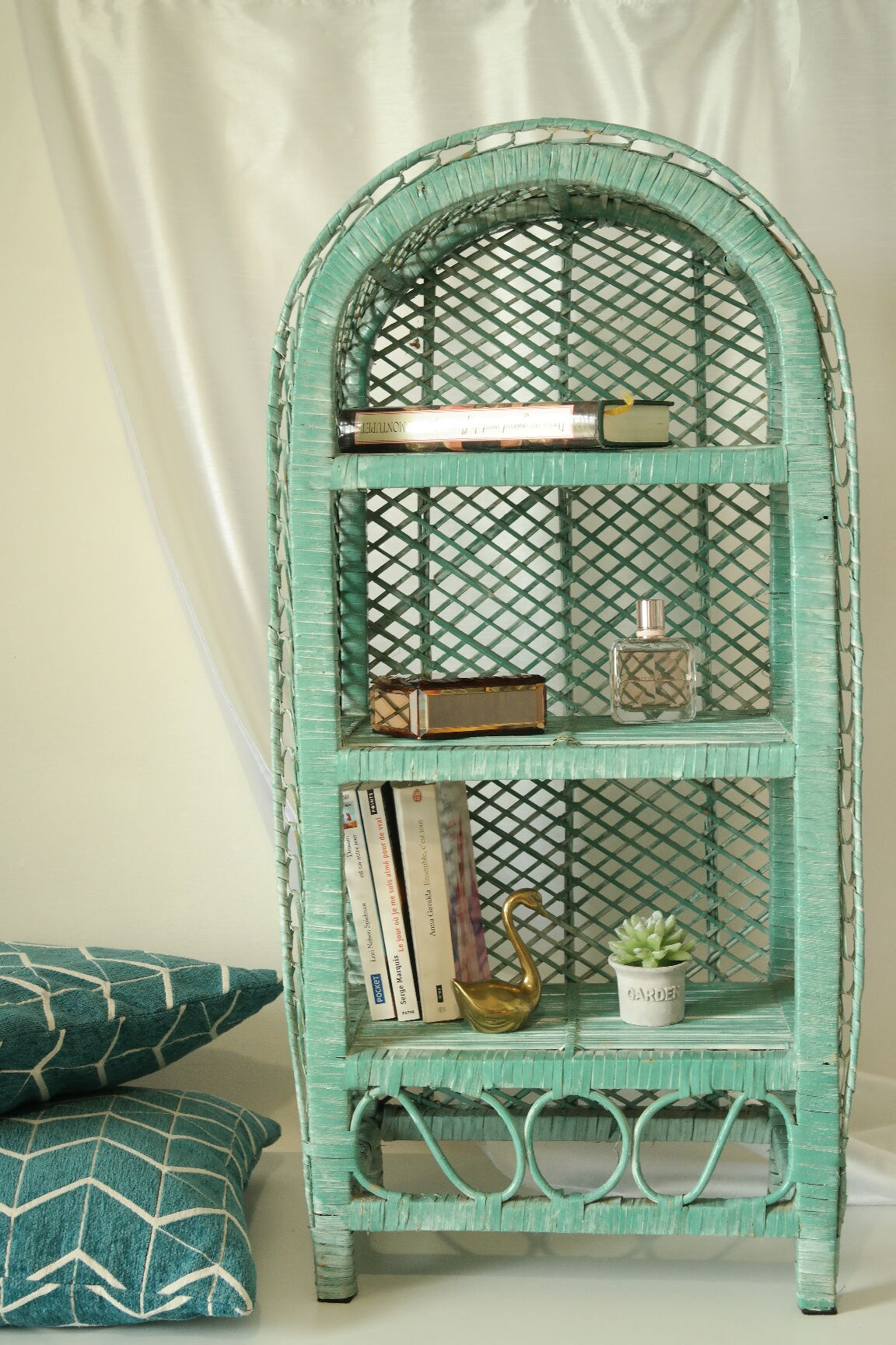 Vintage mint green wicker bookcase
