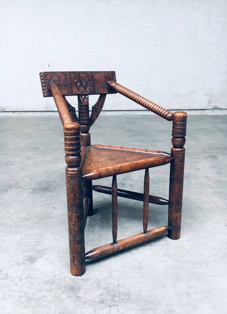 Brutalist Carved Oak Tripod Monk Chair, Sweden, 1930s