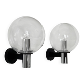Pair of vintage XL wall lights, chrome metal and bubble glass, France, 1970.