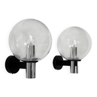 Pair of vintage XL wall lights, chrome metal and bubble glass, France, 1970.