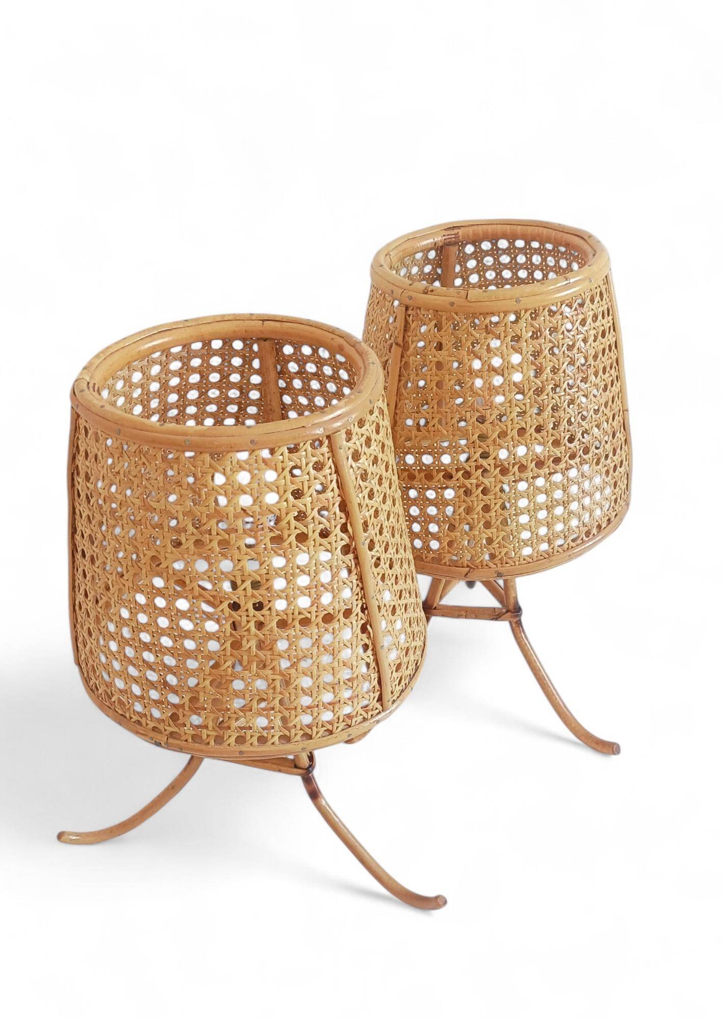 Mid-Century Bamboo and Cane Pair of Large Table Lamps By Louis Sognot, 1970s