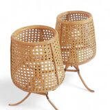 Mid-Century Bamboo and Cane Pair of Large Table Lamps By Louis Sognot, 1970s