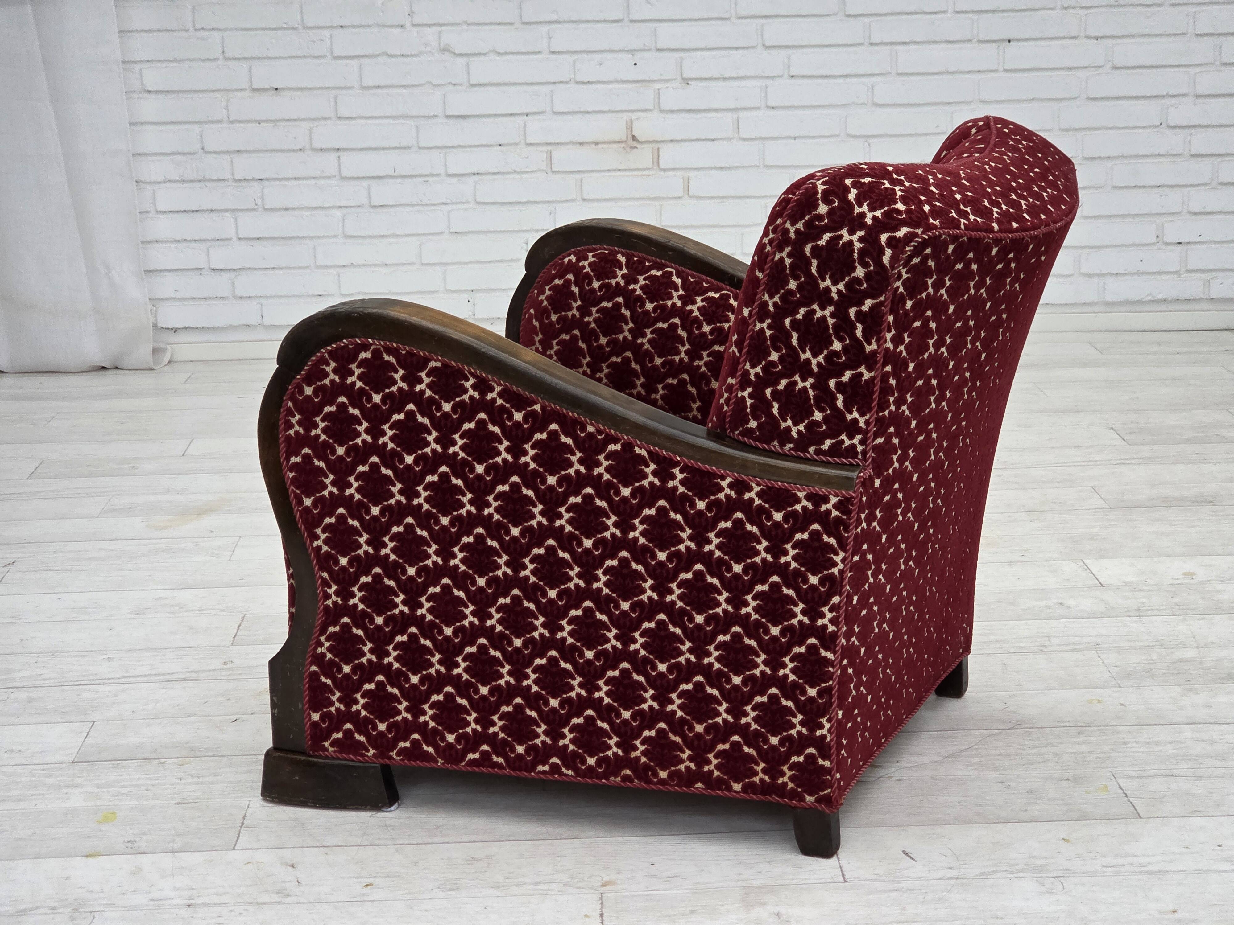 1960s, Danish armchair, cherry-red furniture velour, oak wood.