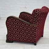 1960s, Danish armchair, cherry-red furniture velour, oak wood.