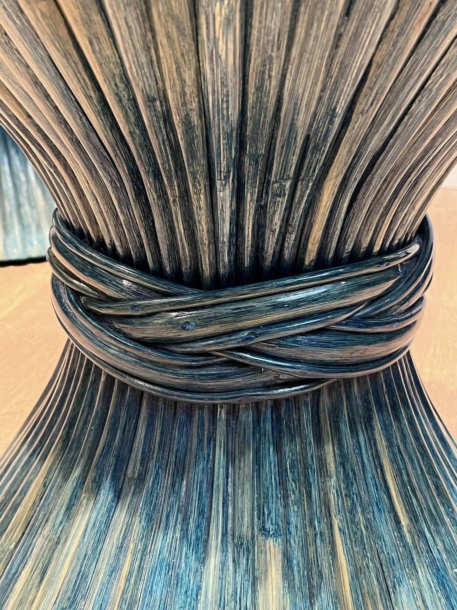 Pair of Bamboo Side Tables in the Shape of a Wheat Sheaf. Turquoise Lacquered.