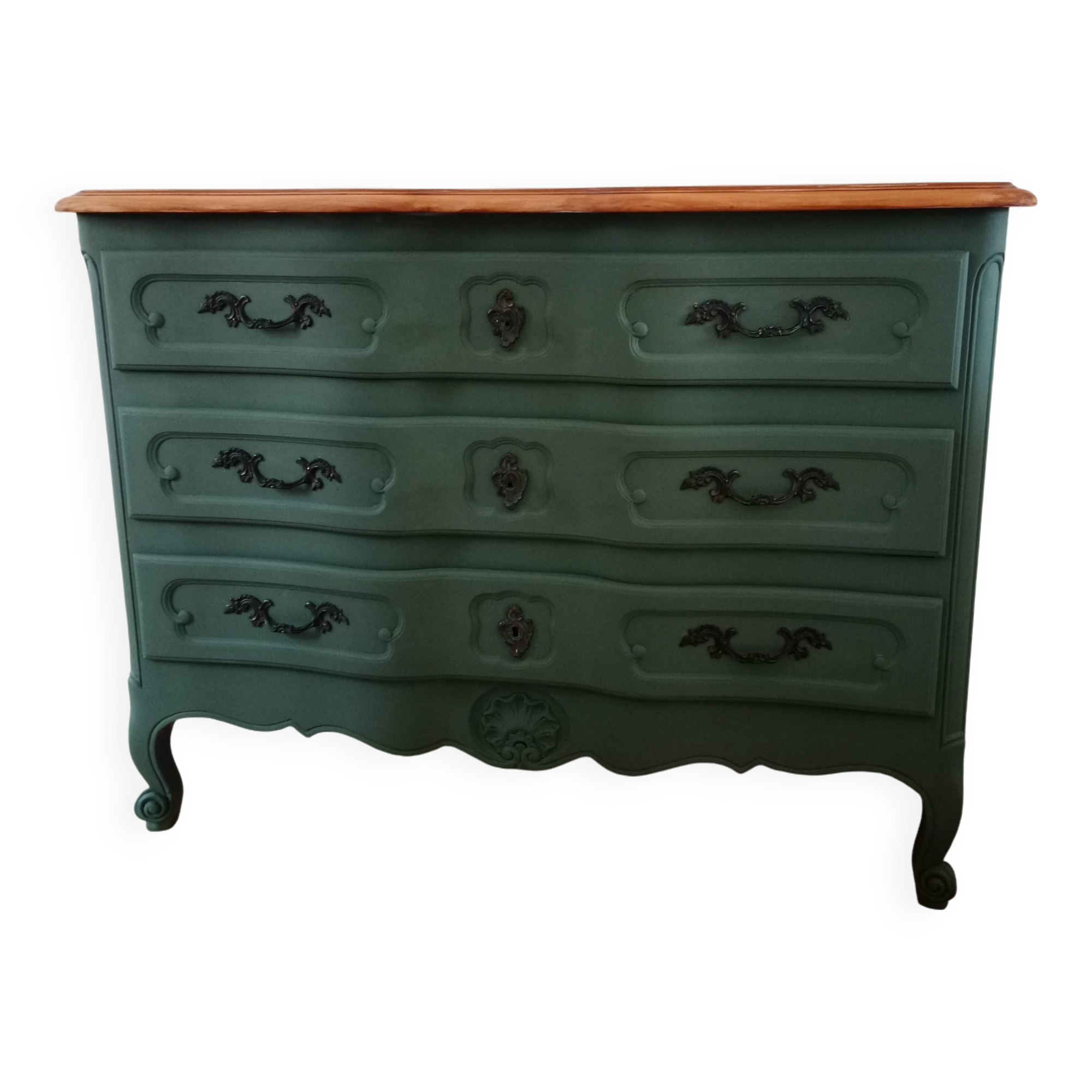 Dark green patina crossbow chest of drawers