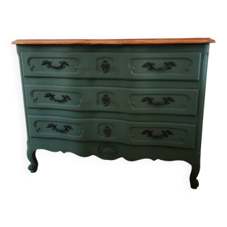 Dark green patina crossbow chest of drawers