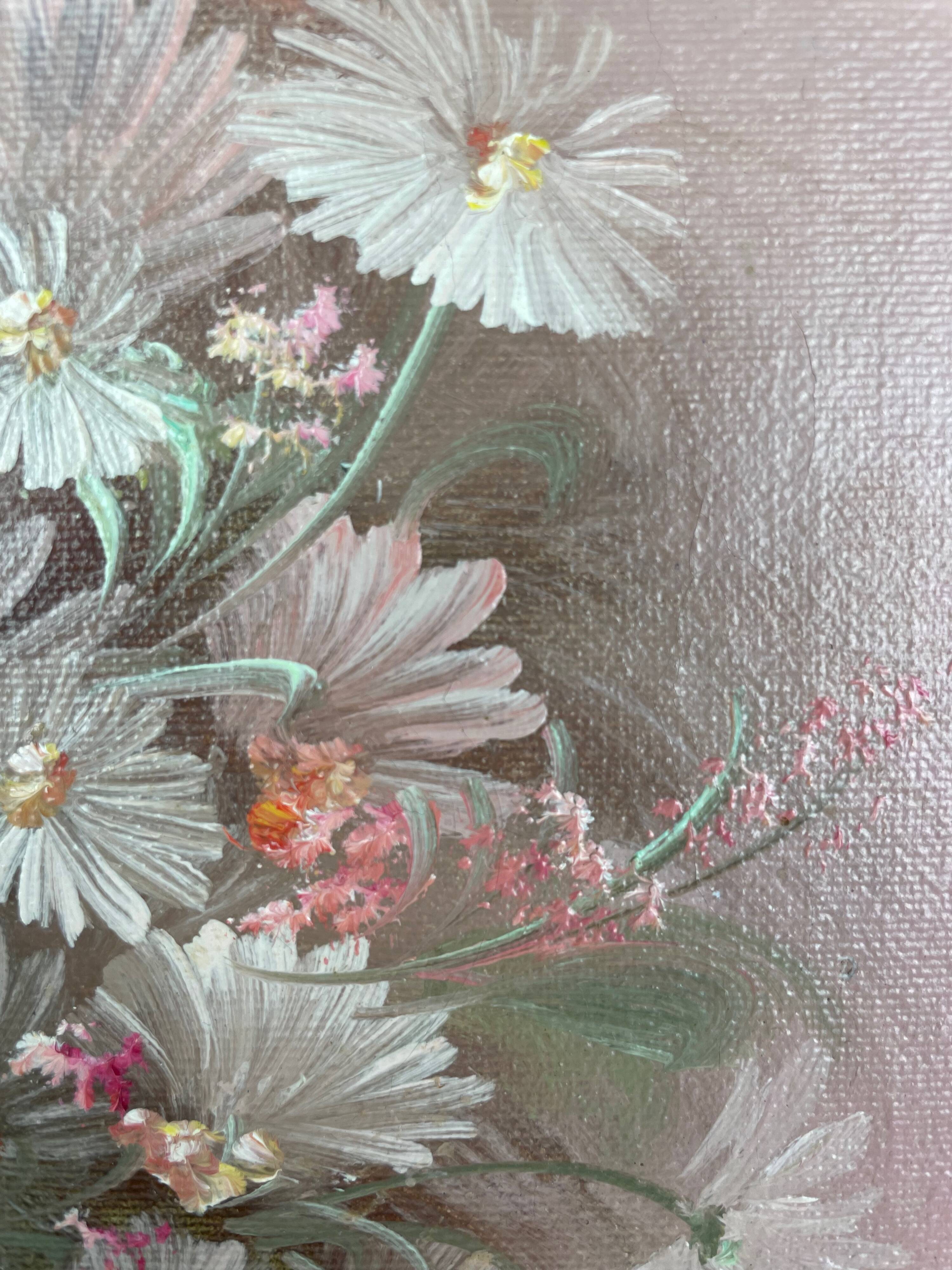 Oil painting still life daisies signed Nancy Lee