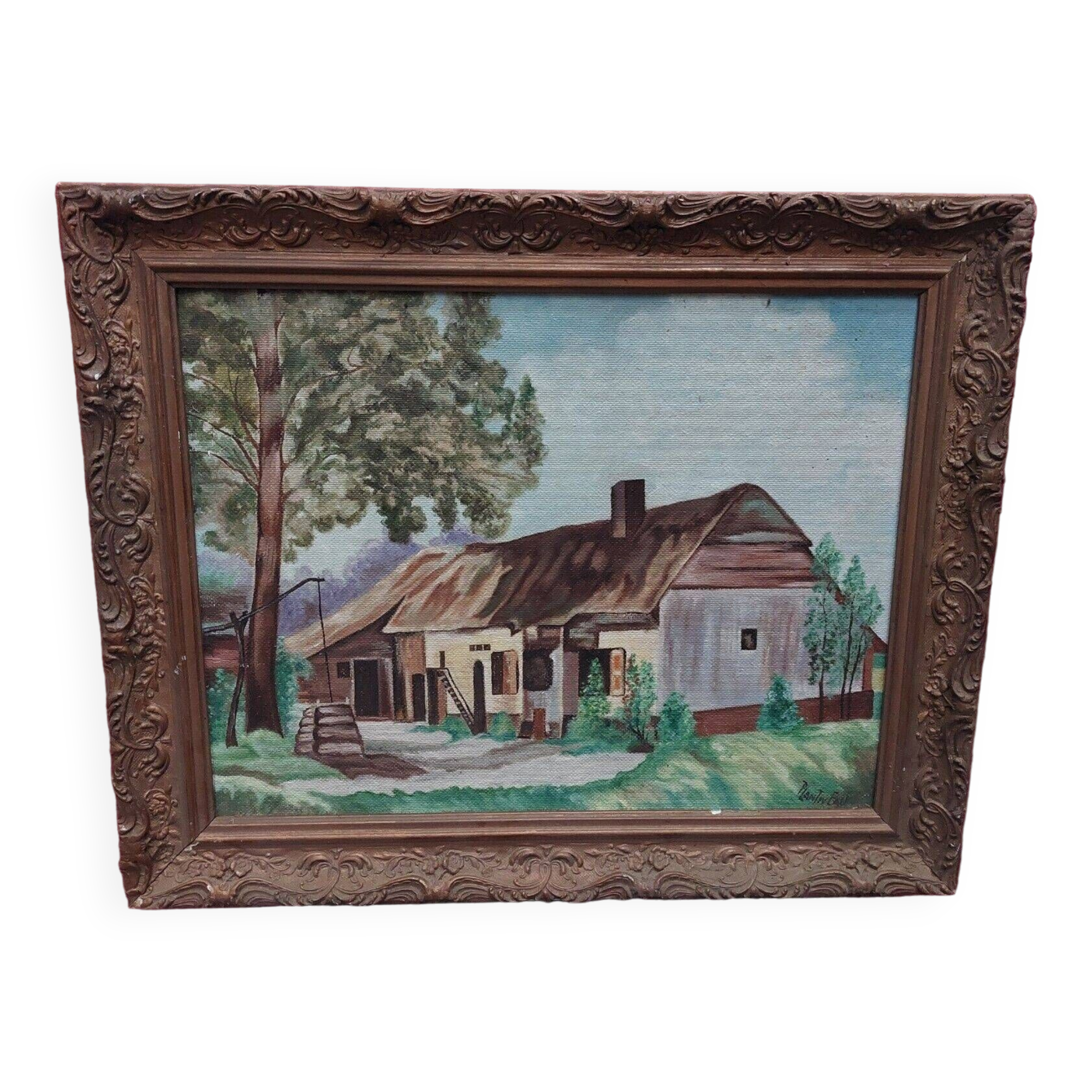 Oil on house mounted panel on the edge of the woods