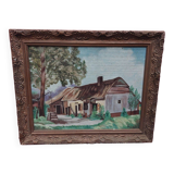 Oil on house mounted panel on the edge of the woods