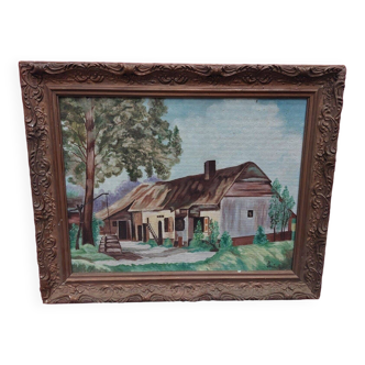 Oil on house mounted panel on the edge of the woods