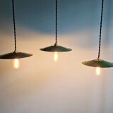 Trio of large industrial suspensions in green enamelled sheet metal.