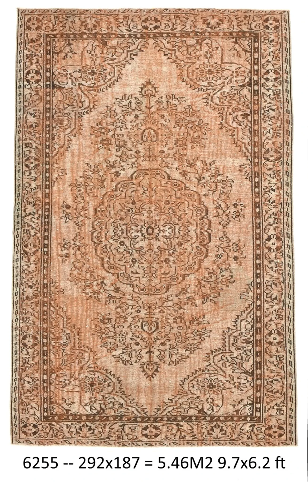 Vintage Persian Peach & Brown Rug, Oriental Pattern Rustic Carpet, 187x292