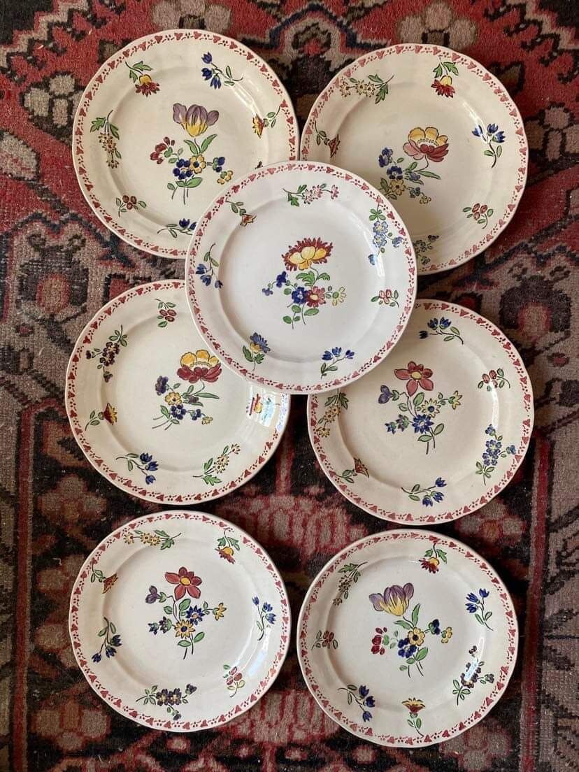7 hand-painted flowered dinner plates.